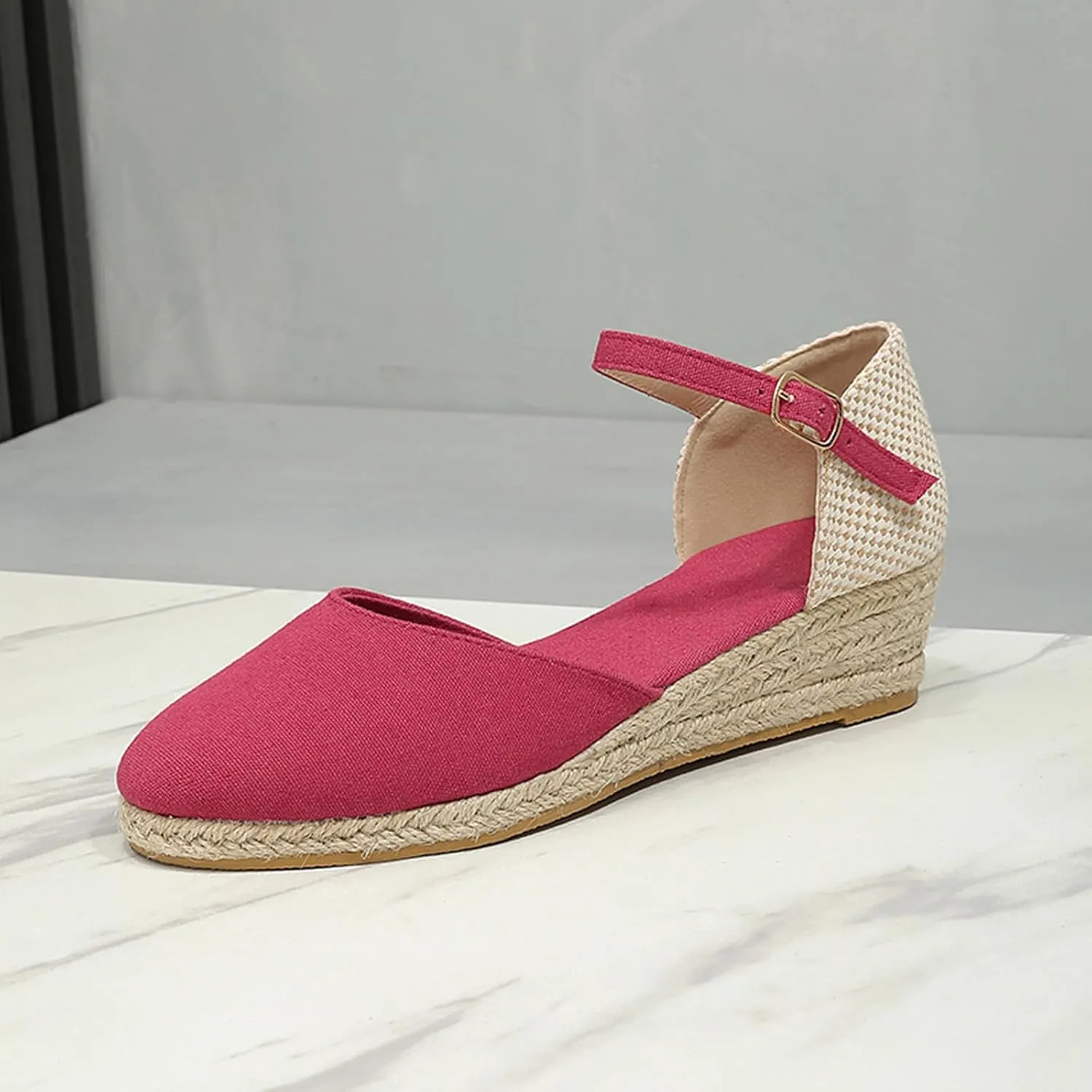 ZWRXW Womens Closed Toe Espadrilles Comfortable Ankle Strap Wedges Shoes Mid Low Heel Canvas Shoes Dressy Summer Dress Sandals for Walking