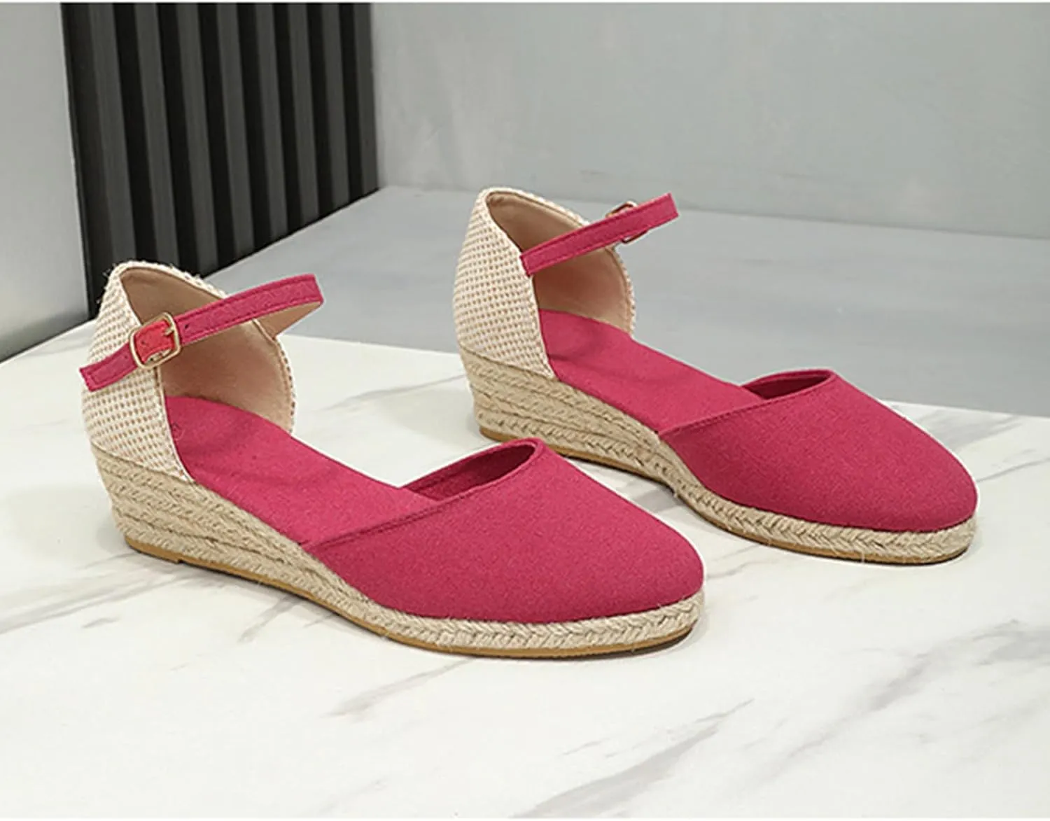 ZWRXW Womens Closed Toe Espadrilles Comfortable Ankle Strap Wedges Shoes Mid Low Heel Canvas Shoes Dressy Summer Dress Sandals for Walking